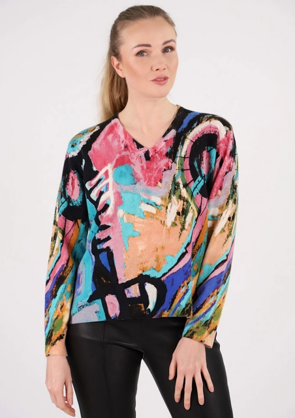 Sweaters for women - Printed V-Neck  - Estheme Cachemire